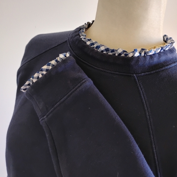 J. Crew Factory Tops - J.Crew Cotton Sweatshirt Micro Ruffle Neck Classic Navy Blue Gingham Size Small
